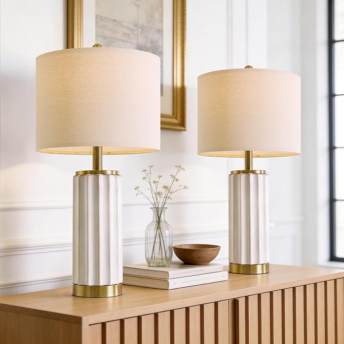 USumkky 25.75" Off-White Ceramic Table Lamp Set of 2, Mid Century Modern Bedside Nightstand Lamps for Bedroom Living Room, Linen Shade & Gold Metal Base, Rotary Switch E26 (Bulbs Excluded)