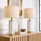 USumkky 25.75" Off-White Ceramic Table Lamp Set of 2, Mid Century Modern Bedside Nightstand Lamps for Bedroom Living Room, Linen Shade & Gold Metal Base, Rotary Switch E26 (Bulbs Excluded)