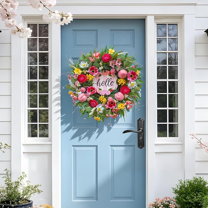 Spring Summer Wreaths for Front Door 24 Inch with Cherry Blossom,Pink Roses & Hello Sign,Summer Door Wreath for Entryway,Porch & Home Décor Indoor Outdoor