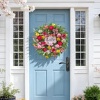 Spring Summer Wreaths for Front Door 24 Inch with Cherry Blossom,Pink Roses & Hello Sign,Summer Door Wreath for Entryway,Porch & Home Décor Indoor Outdoor