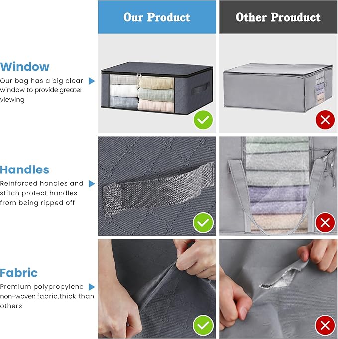 HomeHacks Storage 10-Pack Clothes Organizer Storage Bags Foldable Storage Box with Large Clear Window Sturdy Handles for Closet, Dorm, Pillows, Bedding, Clothes, Blankets, 35L, Grey
