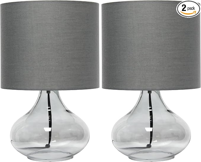 Simple Designs LT2063-SMG Small Glass Raindrop Bedside Table Lamp with Gray Fabric Shade, Smoke (Pack of 2)