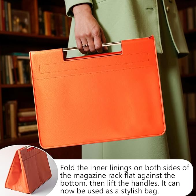 Leather Magazine Holder Foldable with Handles，Stable Magazine Rack Floor，Magazine Basket File Holder Storage，Document File Folder Organizer Free Standing for Office Living Room (orange)