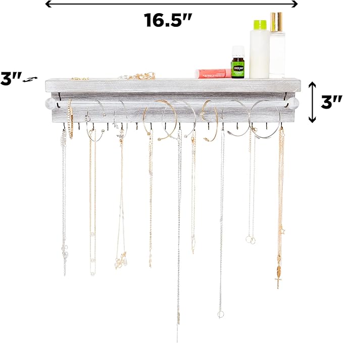 Rustic Necklace Jewelry Organizer - Gray White Wall Mount Jewelry Holder - Mounted Hanging Jewelry Storage Hooks for Necklace, Earrings, and Rings - Farmhouse Wood Decor Bedroom Boho Shelf Rack