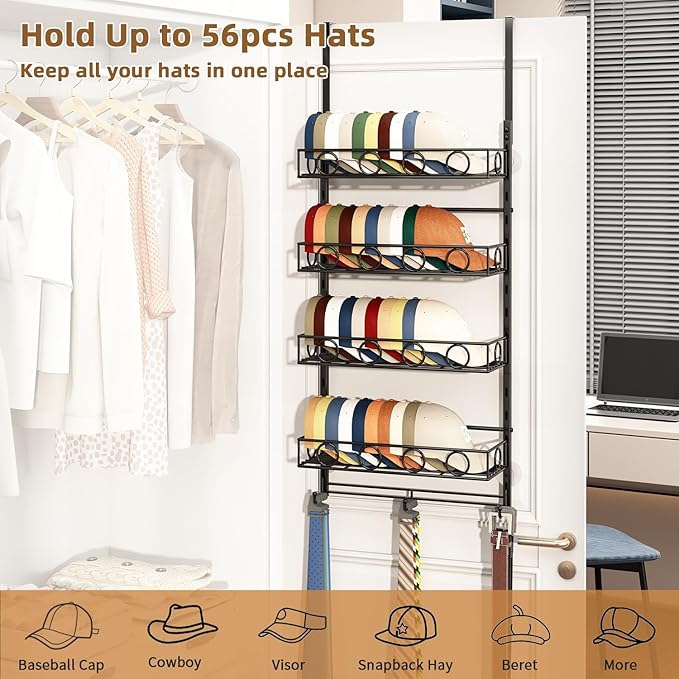 Over Door Hat Organizer 5 Tier Wall Mounted Hat Rack with 4 Adjustable Metal Basket and 3 Hooks Hat Organizer for Baseball caps Hat Hanger Holder Display for Door Closet Cap Organizer Storage