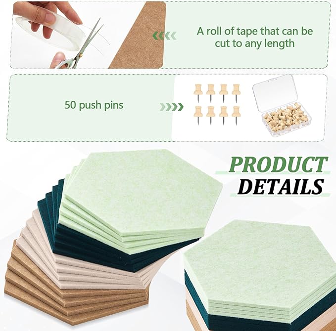Mindsoft 16 Pcs Hexagon Cork Board for Walls with 50 Wooden Push Pins 12x10 in Felt DIY Tiles Notice with Nano Tape Hanging Bulletin Board for Home Photo Office Memo Note (Green)