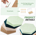 Mindsoft 16 Pcs Hexagon Cork Board for Walls with 50 Wooden Push Pins 12x10 in Felt DIY Tiles Notice with Nano Tape Hanging Bulletin Board for Home Photo Office Memo Note (Green)