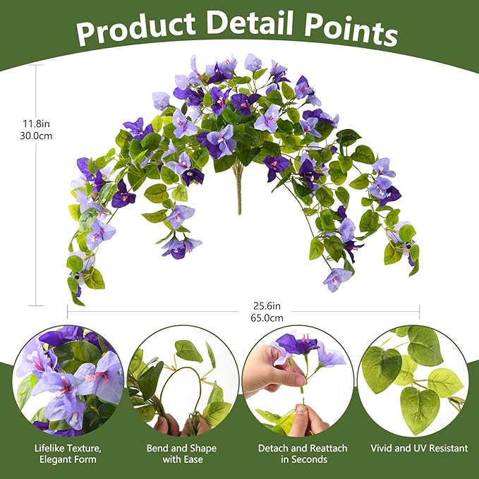 Homsunny Artificial Fake Flowers Plants for Outdoor Decoration, 2 Pcs Faux Silk Flower Bougainvillea Vines Look Real UV Resistant for Home Porch Patio Balcony Yard Spring Decor(Purple)
