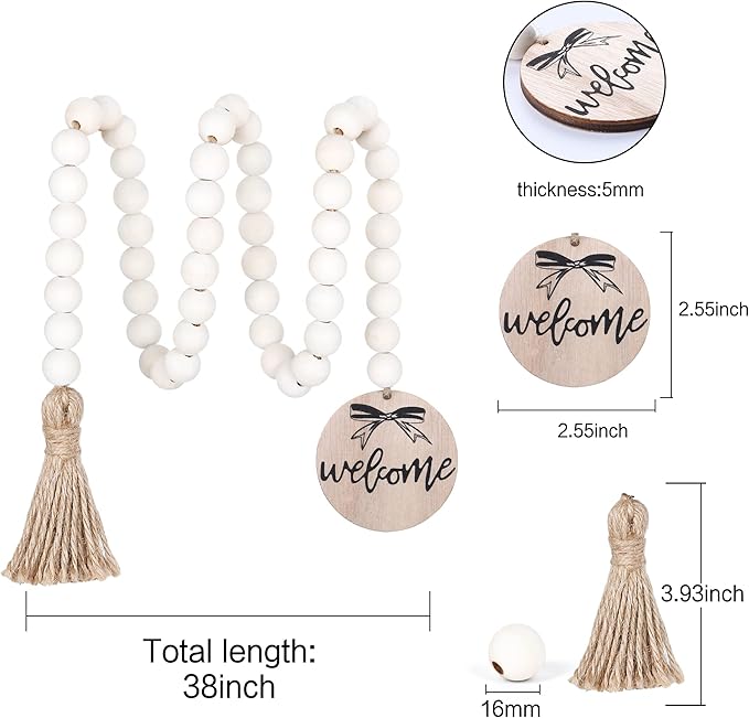 Meplait Welcome Wooden Bead Garland with Tassel, Decorative Beads Home Decor Farmhouse Tassel Garland Boho Decor for Tiered Tray（38in）