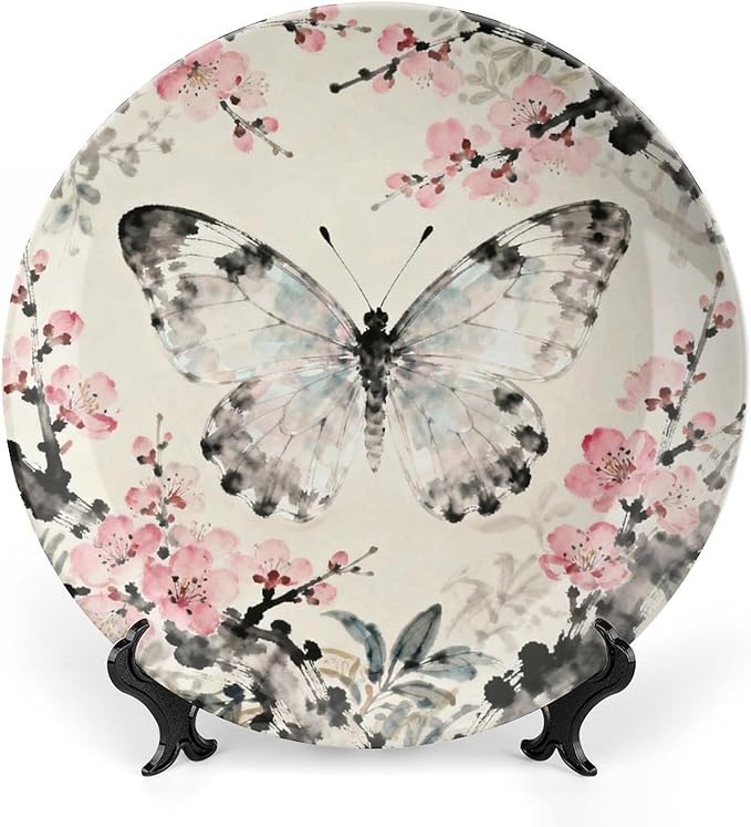 Customize Gifts Plates Ceramic, William Morris Pink Floral And Butterflies Porcelain Dessert Plate Set Household with Display Stand, Rustic Decor for Kitchen Art Decoration Festival, 6", 7", 8", 10"