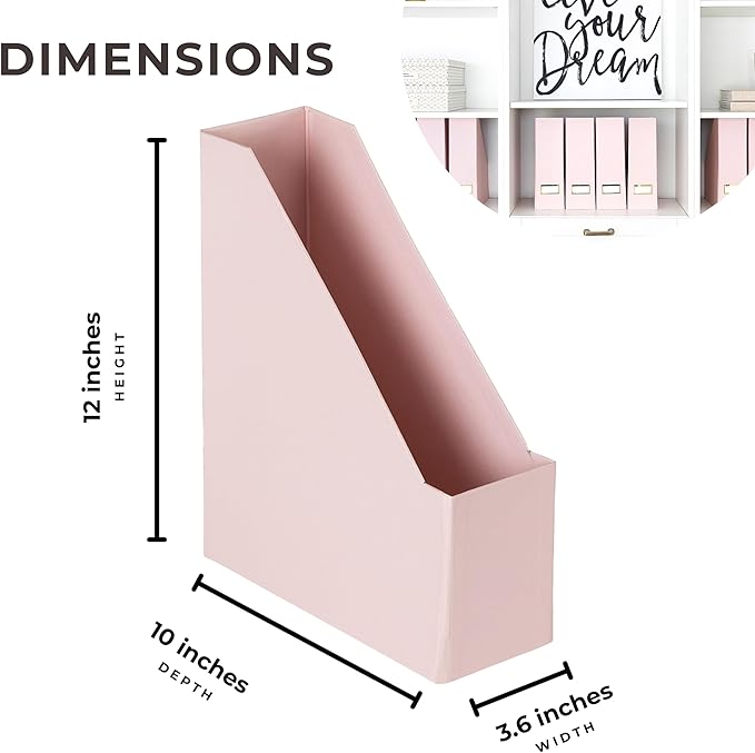 BLU MONACO | Cardboard Magazine File Holder Set of 6 Pink | Vertical Magazine File Holder with Gold Label Slots | Standing File Holder and Cardboard Bins for Shelves Desk Storage