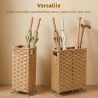 Rattan Umbrella Stand with Built-in Water Reservoir & Hooks, Hand Woven Umbrella Rack Organizer Freestanding - Stable, High-Capacity Organizer for Home and Office - 11.8" L x 5.5" W x 16.5" H