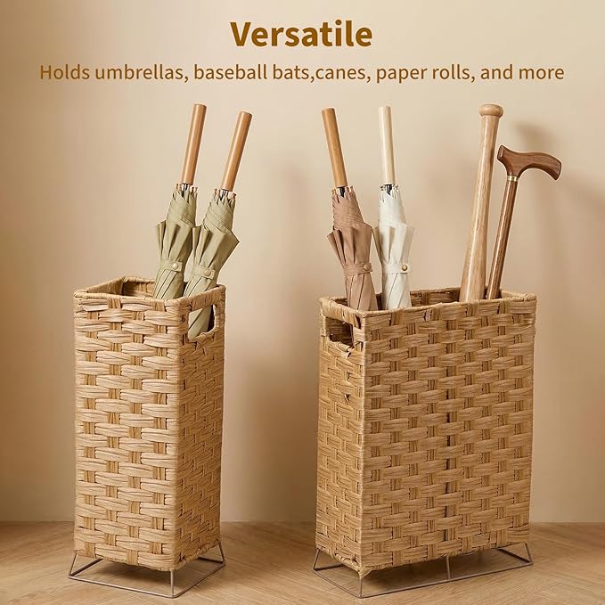 Rattan Umbrella Stand with Built-in Water Reservoir & Hooks, Hand Woven Umbrella Rack Organizer Freestanding - Stable, High-Capacity Organizer for Home and Office - 11.8" L x 5.5" W x 16.5" H