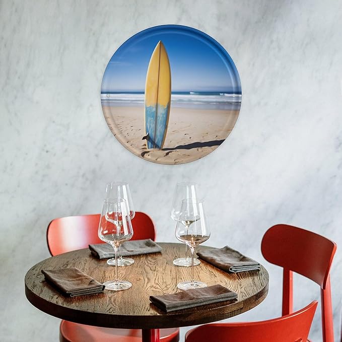 Wall Picture, with Beach Surfboard Printed Circular Iron Hanging Picture,Wall Art Decor,Home for Bedroom Living Room Bathroom Decor,Iron Painting 11.8X11.8 in