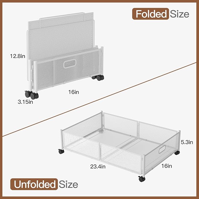 Under Bed Storage with Wheels, Foldable Metal Mesh Underbed Storage Container Bins, Tool-free Assembly Clothes Drawer Organizer, 2Pack