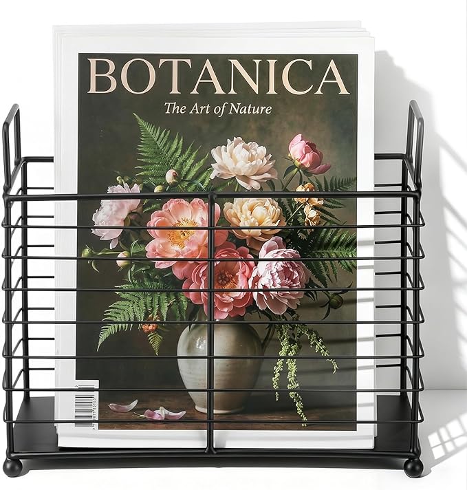 Metal Magazine Holder Rack, Black Iron Wire Storage Basket with Handles for Books, Newspapers, Tablets, Files, Mail Organizer for Home Office Living Room Bedroom