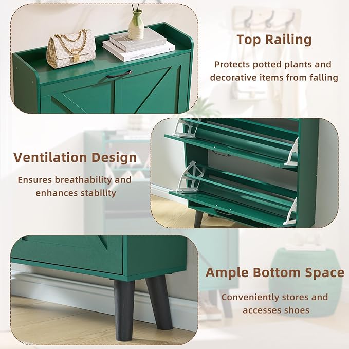 LEYAOYAO Shoe Storage Cabinet with 2 Flip Drawers，Narrow Shoe Storage Cabinet Organizer with Legs for Entryway Hallway, Living Room, Bedroom，Hidden Slim Storage Narrow Shoe Rack Cabinet,Green