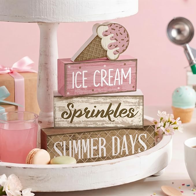 Lineshading 4 Pcs Summer Table Decoration Ice Cream Wooden Sign Pink Brown Rustic Summer Tiered Tray Decor Ice Cream Sprinkles Centerpieces for Home, Dining Room & Coffee Bar Kitchen