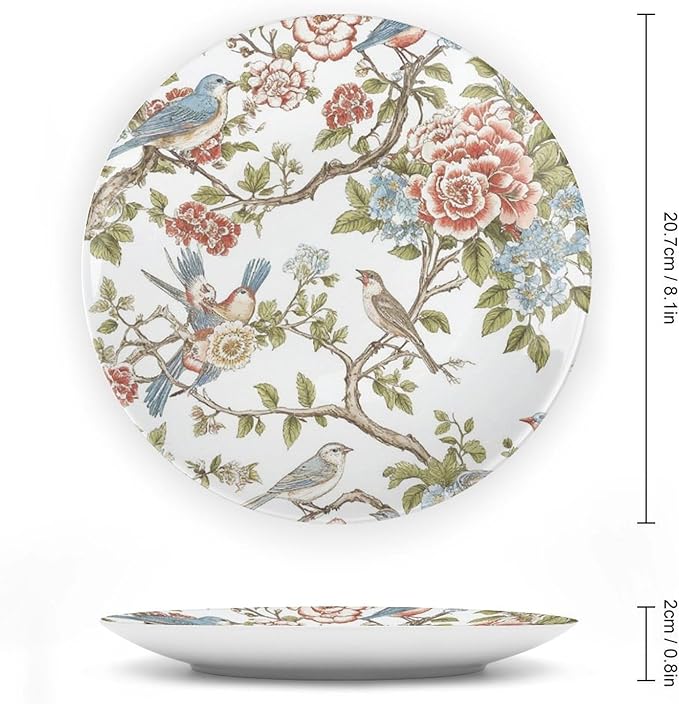 Fashion Plates Chinoiserie Tree Peony Bird Floral Personalized Decor for Office Wall Table Display Hanging Decorative Tiles Including Bracket And Special Hook, Multi Sizes, Gifts for Men Women