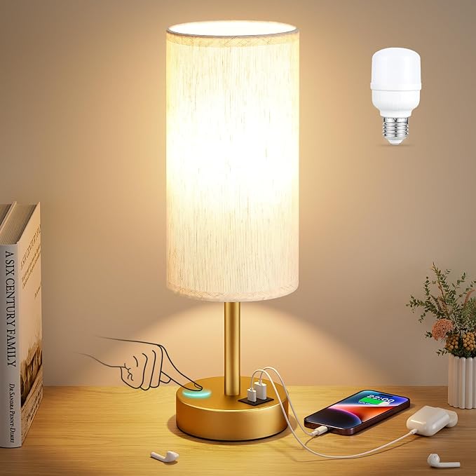 Dicoool Small Touch Bedside Lamp with USB - 3 Way Dimmable Gold Table Lamp for Bedroom, Nightstand Lamp with Gold Charging Station for Desk Dorm, Office