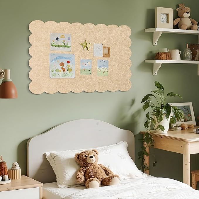 Lightomorrow Scalloped Bulletin Board, 36 x 24 Inches Felt Pin Board - Decorative Cork Alternative for Wall, Foldable Picture Self-Adhesive Vision Prayer Board with 20 Pushpins - Beige Brown