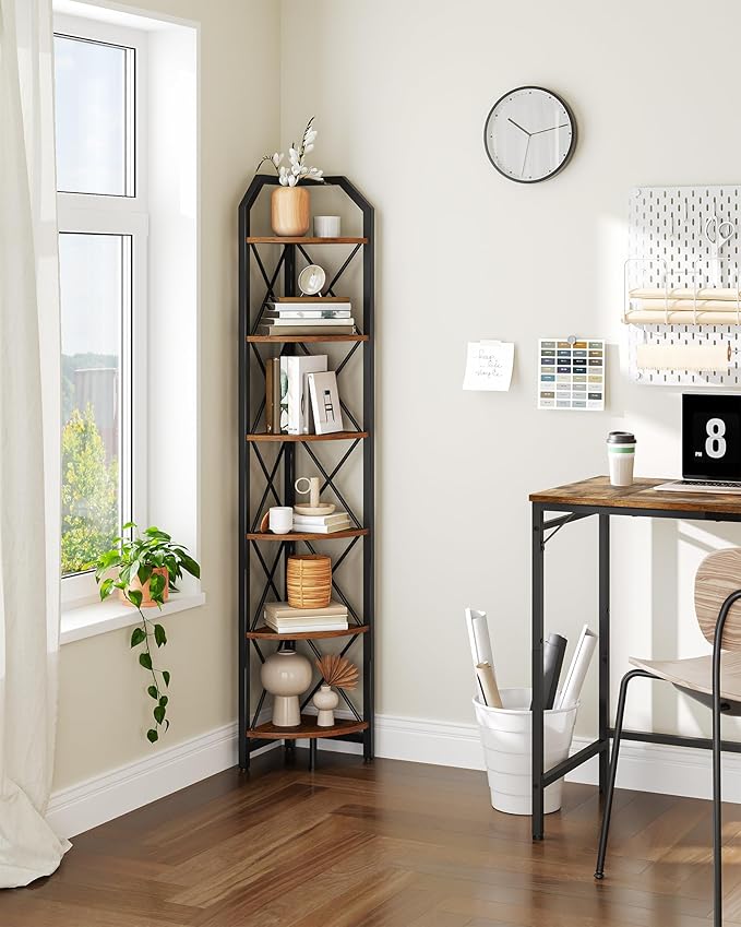 CHOEZON 6-Tier Corner Shelf, Industrial Corner Bookshelf, 71.2" Corner Storage Stand, Plant Stand Display Shelf, Corner Bookcase for Bedroom, Living Room, Home Office, Rustic Brown and Black TCJ11BF