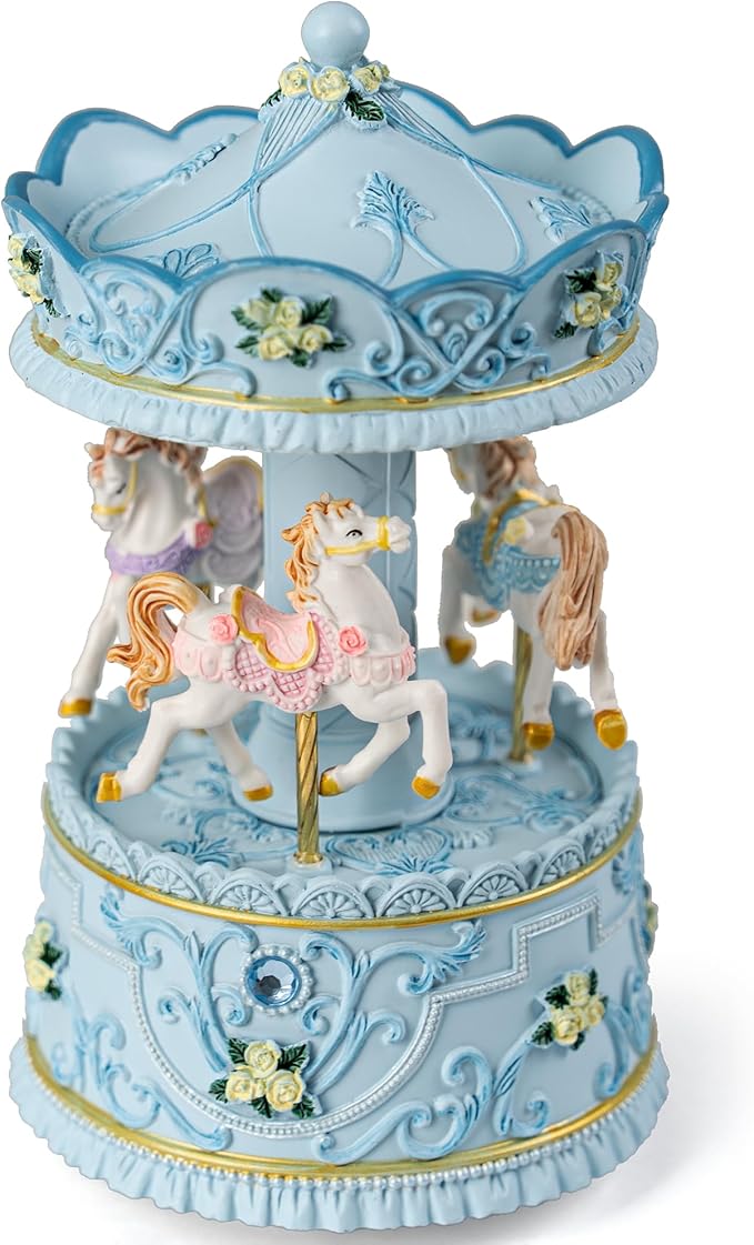 Lighted Rotating Carousel Music Box, Wind Up Musical Merry-Go-Round Figurine, Hand Painted Vintage Blue Collectible Decor, Plays Over The Rainbow, Gift for Girls, Women, Nursery, Bedroom