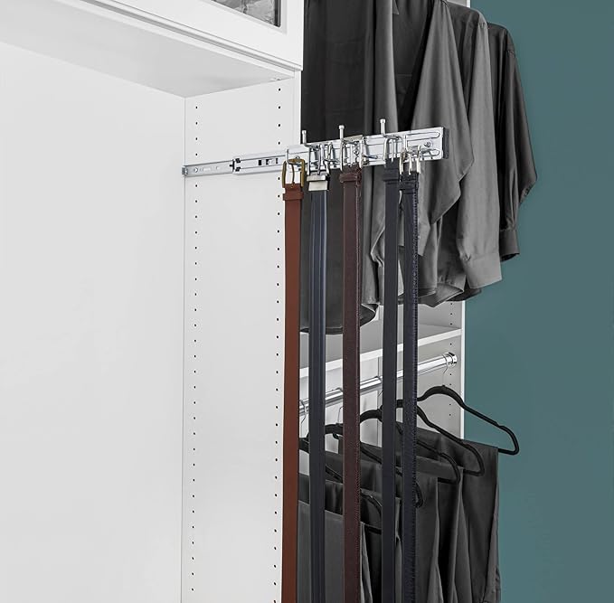 Rev-A-Shelf 12" Pull Out Closet Organization Rack for Belts, Ties and Scarves, Accessories Storage Hanger with Mounting Hardware, Chrome, BRC-12CR