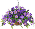 Homsunny Artficial Fake Hanging Flowers Plants with Baskets, 3PCS Silk Faux Outdoor Flowers UV Resistant Real Touch Plastic Flowers for Spring Garden and Home Patio Yard Decor (Double Purple)
