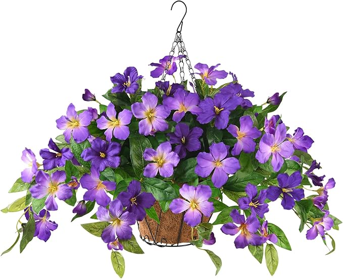 Homsunny Artficial Fake Hanging Flowers Plants with Baskets, 3PCS Silk Faux Outdoor Flowers UV Resistant Real Touch Plastic Flowers for Spring Garden and Home Patio Yard Decor (Double Purple)