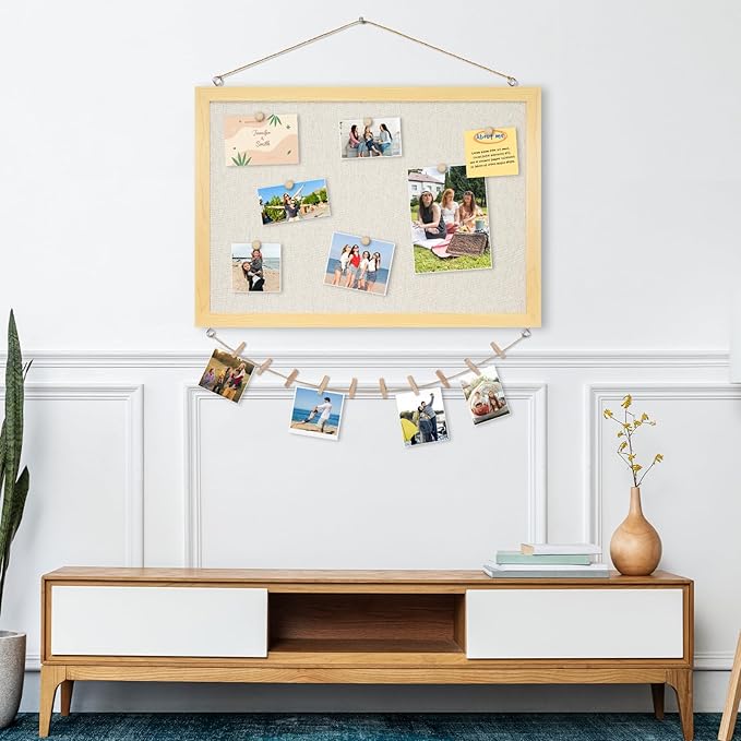 DOLLAR BOSS Bulletin Board with Linen 36'' x 24'' Wood Framed Cork Boards for Walls, Photo Display Pin Board, Decorative Corkboard for Office Home School Dorm Decor with 10 Pushpins, Natural Wood