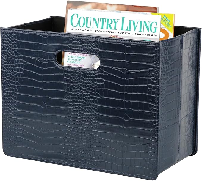 HofferRuffer Magazine Basket Holder, Foldable Magazine Rack, Document File Holder Organizer, File Folder, Newspaper Storage Bin Organizer for Home or Office (Dark Blue)