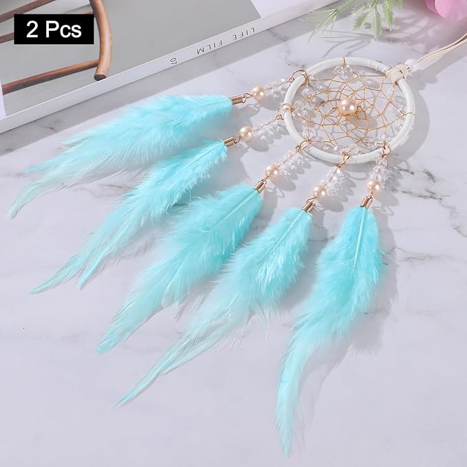 uxcell 2pcs Dream Catchers, Small Handmade Feather Dreamcatcher Supplies Car Charm with Crystal Beads Wall Hanging Decor for Home Car Decoration Ornament Women Friend Gift, Light Blue