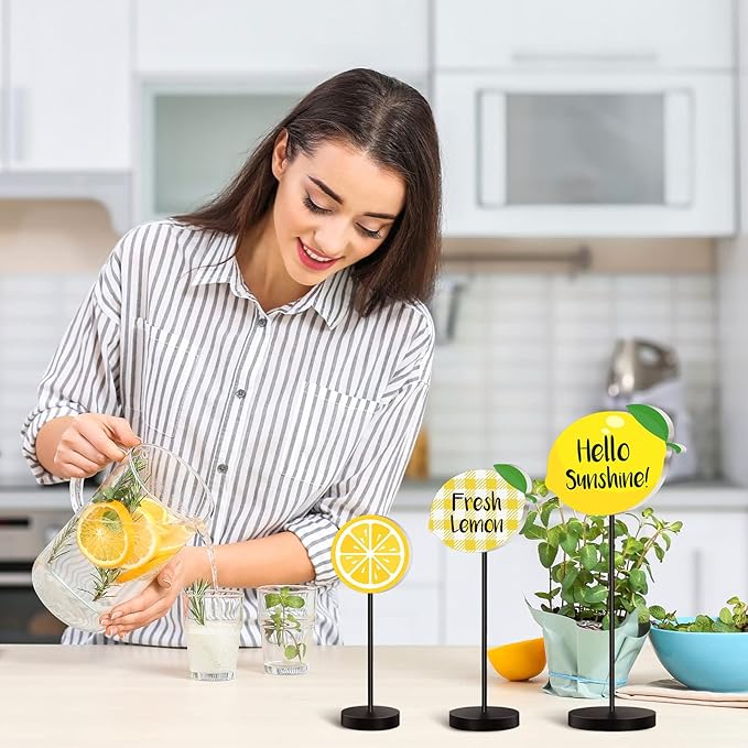 Maitys 3 Pcs Summer Lemon Wooden Table Decor Yellow Lemon Tiered Tray Decoration Rustic Summer Table Centerpiece Standing Block Sign for Home Kitchen