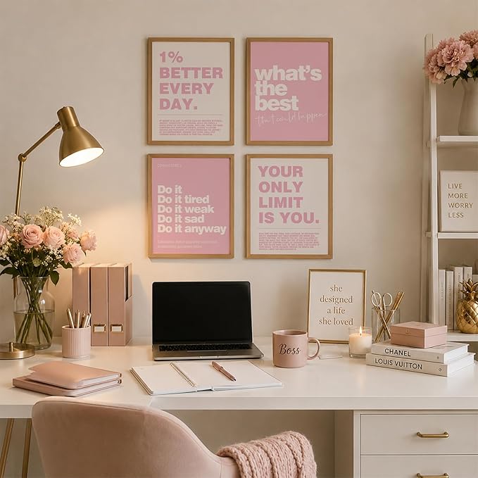 DSHFG Motivational Inspirational Office Wall Art Decor Prints Set of 4, Pink Motivational Wall Decor Trendy Retro Posters for Office Home Decor, 8x10 Unframed