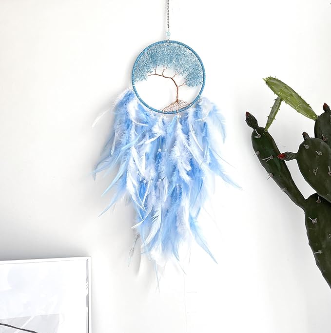 Dream Catchers, Sky Blue Dream Catcher Tree of Life Wall Decor, with Natural Healing Crystal Stone, Perfect Handmade Dreamlike Crystal Dream Catcher for Bedroom Art Craft Gift