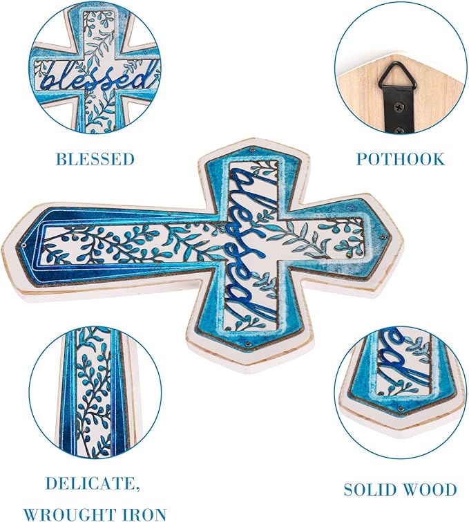 OKSQW 11" Wall Cross Handmade White Wood & Blue Iron Christians Spiritual Religious Cross with Hook Christmas Wall Hanging Cross with Blessed Design Crucifix Gift for Church Home Room Decor