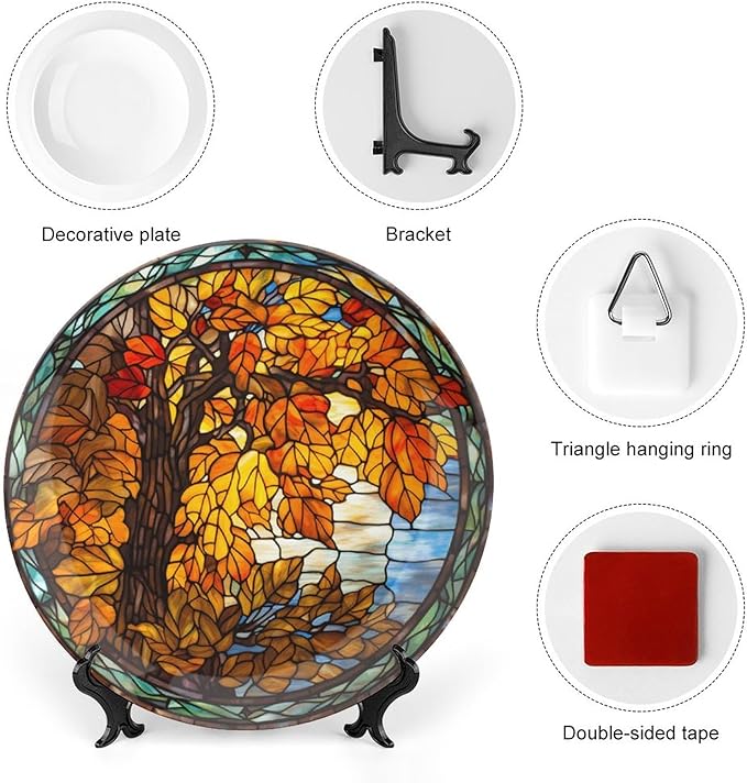 Stained Glass Design Autumn Tree Decorative Plates Home Decor Ceramic Plates, Fall Season Dinner Plates Display for Living Room, Kitchen, Hallway Console Side Table, Thanksgiving Gifts, 6 Inch