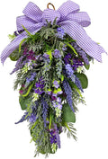23 Inch Pre-lit Lavender Teardrop Swag, Farmhouse Spring Summer Teardrop with Purple Gingham Bow, Battery Operated with Timer & 10 Warm White Lights, Floral Decoration for Wall Door Farmhouse