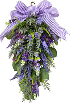 23 Inch Pre-lit Lavender Teardrop Swag, Farmhouse Spring Summer Teardrop with Purple Gingham Bow, Battery Operated with Timer & 10 Warm White Lights, Floral Decoration for Wall Door Farmhouse