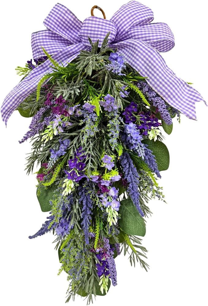 23 Inch Pre-lit Lavender Teardrop Swag, Farmhouse Spring Summer Teardrop with Purple Gingham Bow, Battery Operated with Timer & 10 Warm White Lights, Floral Decoration for Wall Door Farmhouse