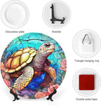 Decorative Plates for Home Decor, Sea Turtle Stained Glass Print Decor Tray for Table Display, Ceramic Dinner Plate W/Stand, Living Room Dining Room Decor, Gifts for Turtle Lovers, 6 Inch