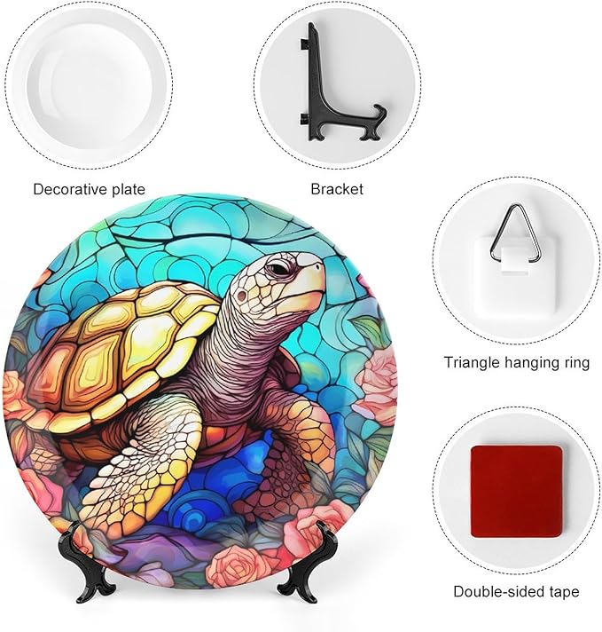 Decorative Plates for Home Decor, Sea Turtle Stained Glass Print Decor Tray for Table Display, Ceramic Dinner Plate W/Stand, Living Room Dining Room Decor, Gifts for Turtle Lovers, 6 Inch
