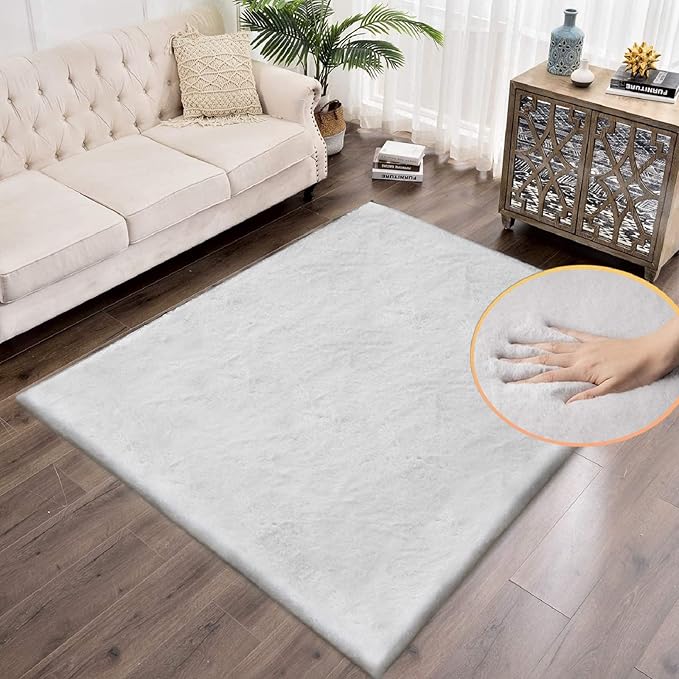 Washable Area Rugs 5x8 Rugs for Living Room Silver Grey Faux Rabbit Fur Rug for Bedroom Faux Sheepskin Rug Teen Room Home Décor