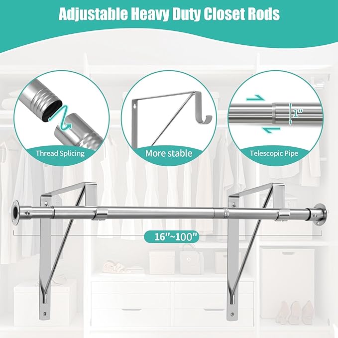 Closet Rod, 16 to 100 Inch Closet Rods Heavy Duty Adjustable Wardrobe Poles for Hanging Clothes and Heavy Duty Bracket Closet Pole Support (The Shelf NOT Included)(Silver)
