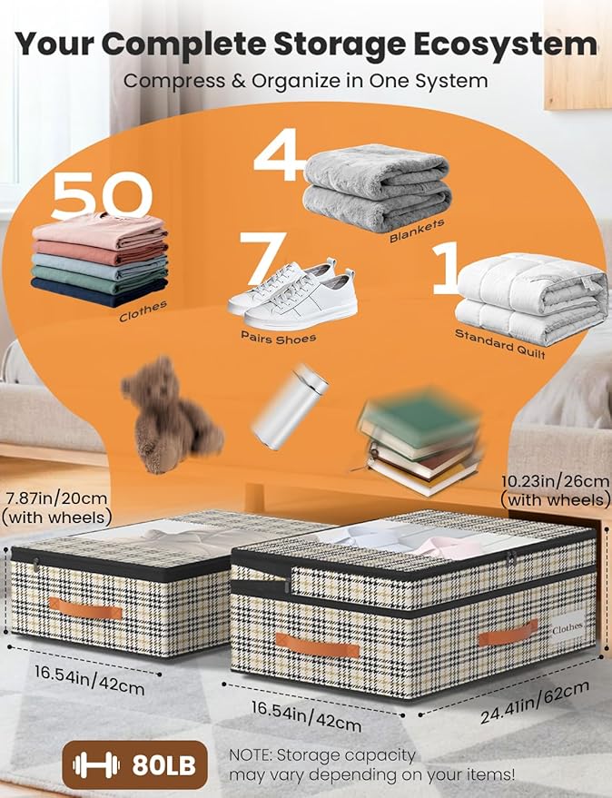 2-Pack Under Bed Storage with Wheels and 6 Vacuum Seal Bags, Adjustable Height 7.9"-10.2",Heavy Duty Capacity, Clear Lid Organizer for Dorm Bedroom Clothes Shoes Books,Quick Assembly Space Saver