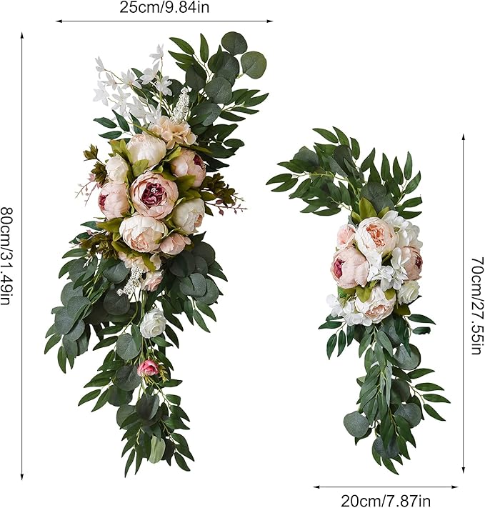2 Pcs Wedding Arch Flowers Kit, Artificial Peony Flower Swag Backdrop Floral Garland Centerpieces, Champagne Peony Floral Swags Silk Hanging Peony Garland with Green Leaves Decor for Home(Pink)