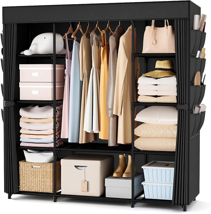 Portable Closet for Hanging Clothes 57.3 Inch Large Capacity Wardrobe Closet with Cover, 8 Pockets and 1 Hanging Rod, Easy Assembly Closet Organizer for Bedroom, Black