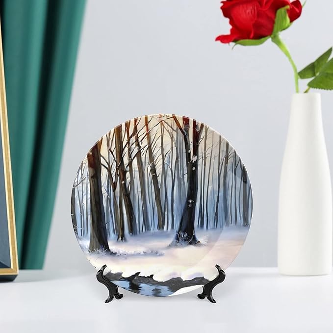 Decorative Plates for Wall Hanging, Winter Forest in Snow Painting Orange Ceramic Plate, Wobble-Plate with Display Stand, Home Decor for Kitchen Cabinets, Farmhouse Round Tray 7 Inch