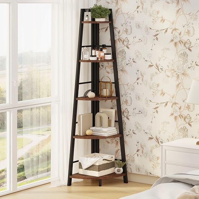 BON AUGURE 5-Tier Corner Ladder Shelf Stand, Black Metal Wood Corner Bookshelf, Narrow Tall Display Bookcase Shelving Unit for Living Room, Home Office, Small Space (Rustic Oak)